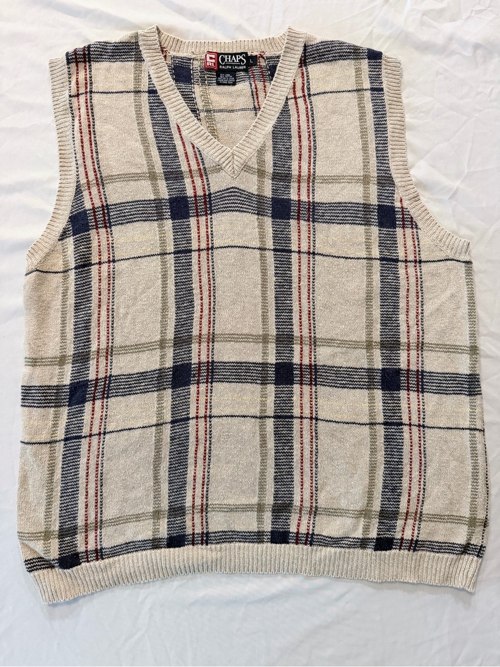 Chaps Cream Plaid Knit V-Neck Sweater Vest